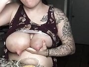 Naughty slut enjoy breakfast with her own milk