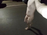 Tiny dick boy walking naked on the street almost caught