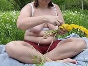 A NAKED PIG, CRAWLING ON THE LAWN, GRUNTING. PUT DANDELIONS IN HER HAIRY ASSHOLE