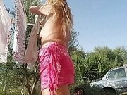nippleringlover horny milf topless outdoors flashing pierced tits & pierced pussy extreme stretched nipple piercings