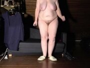'Mature BBW with hairy pussy and huge tits tries on stockings and shoes'