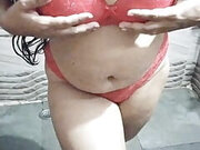Summer time came and hot roohi filling hot and strip out her bra  Big boobs in red bra