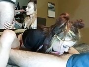 babyybutt in double blowjob competition gagging on a big hard dick making them both cum one by facial other mouthpie