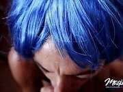 POV! Hot girl with blue wig gives a nice blowjob