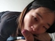 "Cute asian babe sucks her BF's white cock and takes a facial POV"