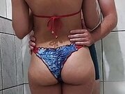 Bikini dry humping, clothed sex under shower, cumming through wet underwear