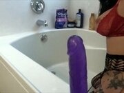'Tattoed MILF makes STEPSON FILM HER while she fucks herself with BIG dildo in the bathroom !!!'