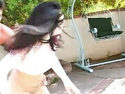 A Charming Girl in White Stockings Gets Hardcore Double Penetration by the Pool