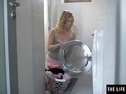 Sexy blonde watches herself in the mirror as she masturbates
