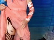 Teasing in My Pink Dress and Stockings and Stripping It