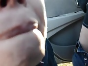 Mouthful of cum for wife next to car in park!