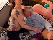 Horny old man seduces tattooed woman