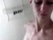 'Skinny and pale anorexic wife sucking my cock in the shower after workout'