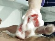 fingering my cock with a soapy sponge