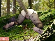 Big ass anal fuck with wood tree branch in wild forest