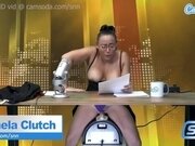'Big Tits News Reporter rides the sybian on air and has multiple orgasms'