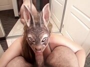 'Sexy bunny enjoys deep throat and swallows cum in front of mirror '