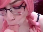 'Slutty teen elf takes cum load on face with glasses'