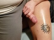 'Amateur handjob with plenty of precum and first time thigh cumshot upon fan suggestion. '