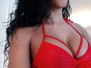 Busty curly brunette with big boobs fucks on couch