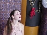 Submissive teen in bondage gets her face splattered with cum