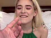 "Skinny blonde amateur teen slobbers on a fat cock"