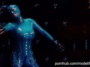 'Heavy rubber goddess with big tits in transparent blue latex catsuit and mask masturbates - part 1'