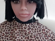 Ebony mini sex doll topless salon cape fetish play