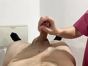 The masseuse who is a friend of my girlfriend gets horny and gives me a handjob and a blowjob