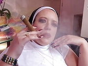 A Smoking Nun Enjoying a Cigar