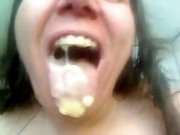 White trash whore on webcam chews banana and shows it