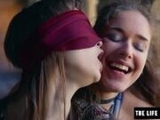 "Straight girl is blindfolded by lesbian before she orgasms"