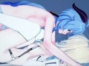 'Genshin Impact - Ganyu fucking Lumine with a strapon - Lesbian Hentai.'