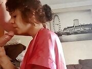 Girl in pink robe sucking cock and giving handjob till I cum