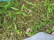Stepmom holds stepson's cock while he pees in nature
